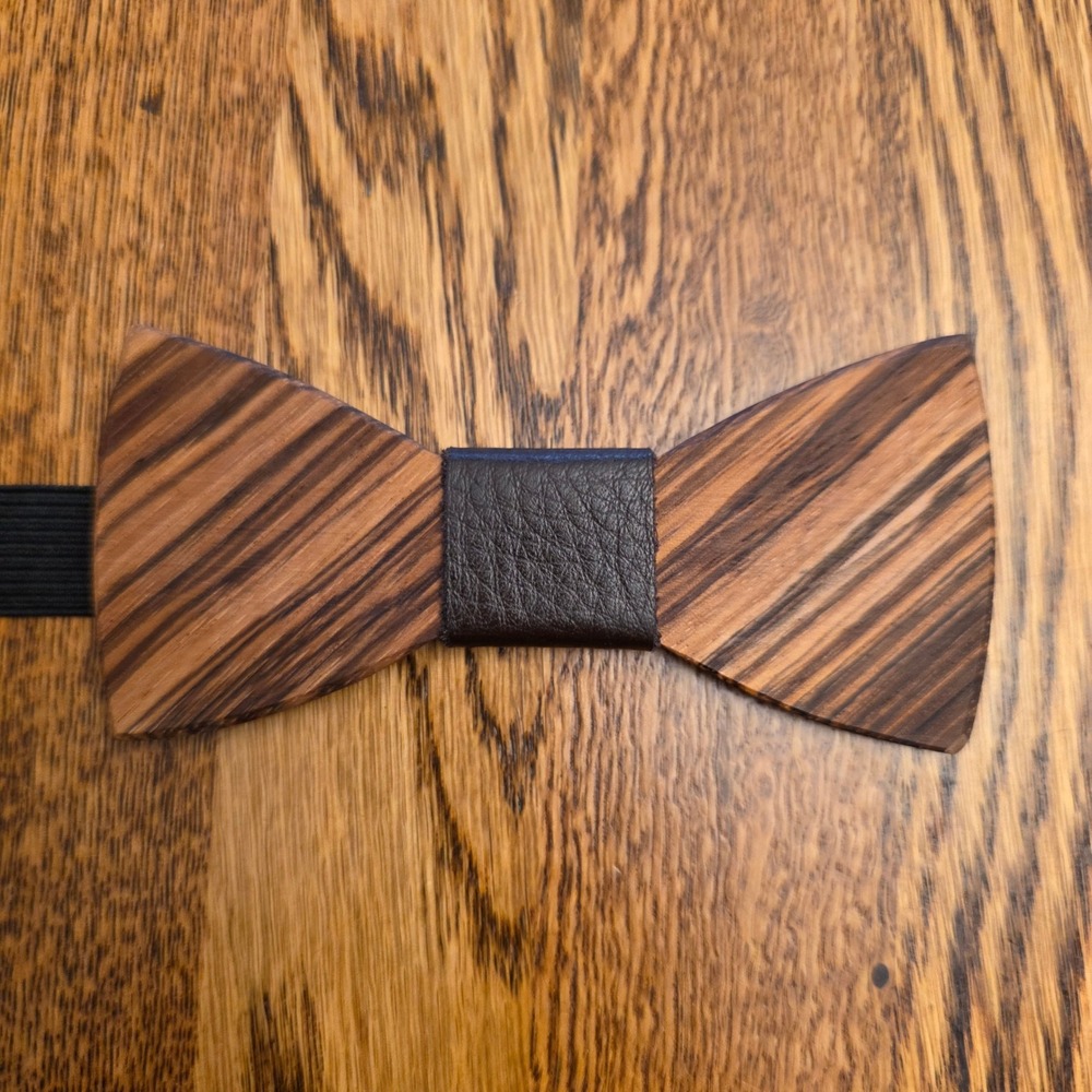 The Two Guys Bow Tie Co Wooden Zebra Wood Leather Center Pre Tied‎ Men